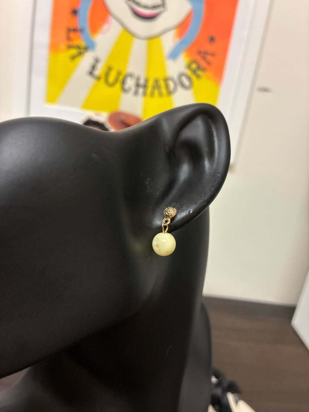 Vintage Goldtone and White Bead Drop Dangle Earrings